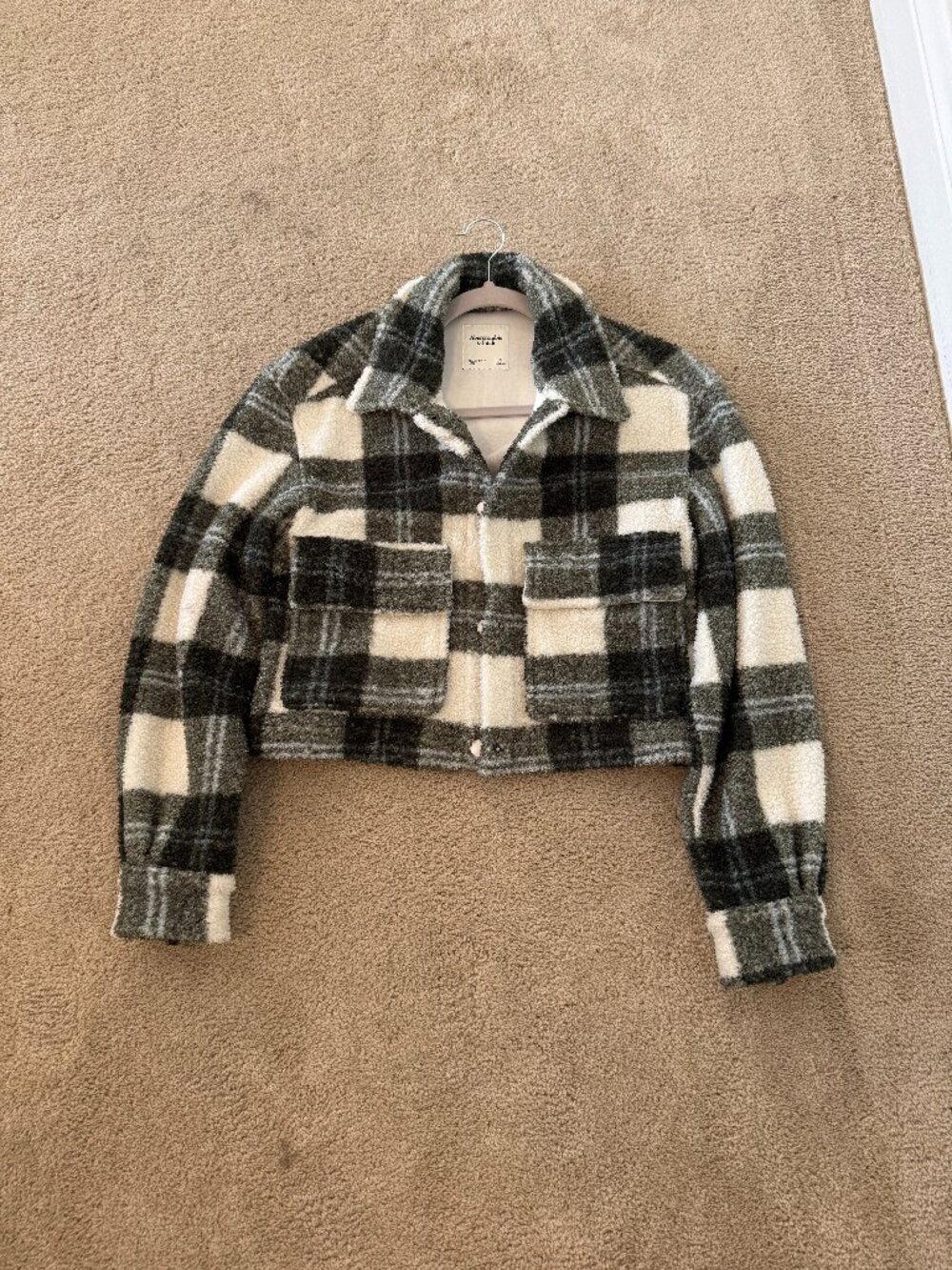 Abercrombie & Fitch Green Plaid Cropped Sherpa Fleece Jacket S - Picture 3 of 6